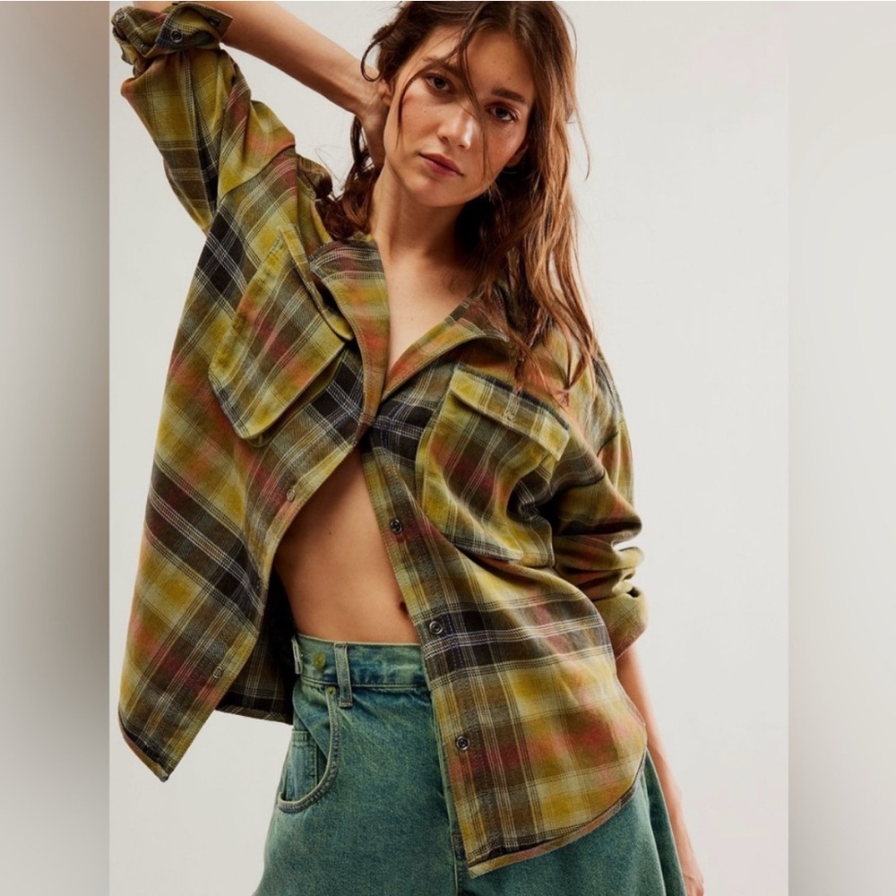 Free People We The Free Izzy Cargo Shirt Olive Green Combo Color Oversized‎ XS